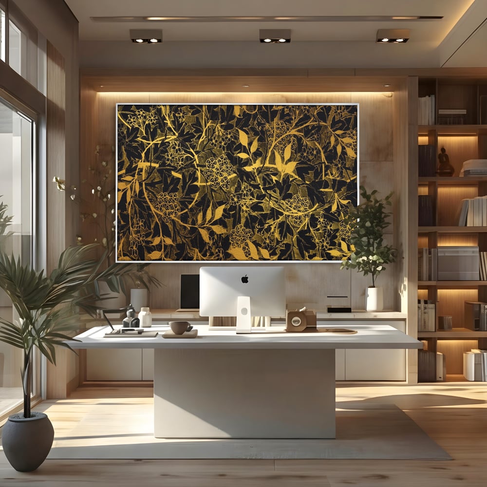 Tablou canvas cu model floral auriu pe fond negru, in rama de aluminiu argintiu, pe perete intr-un birou